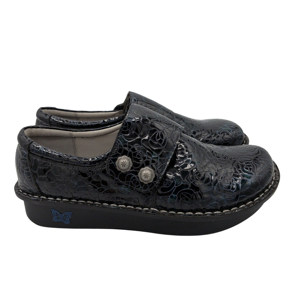 Alegria Deliah Black Rose Embossed Leather Slip On Clogs Shoes DEL-7506 Size 41
